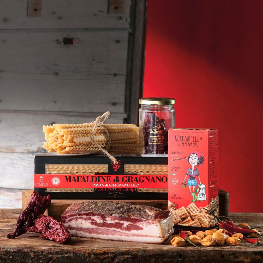 Box ricetta Mafaldine con Peperone Crusco e Pancetta croccante - max 5 porzioni