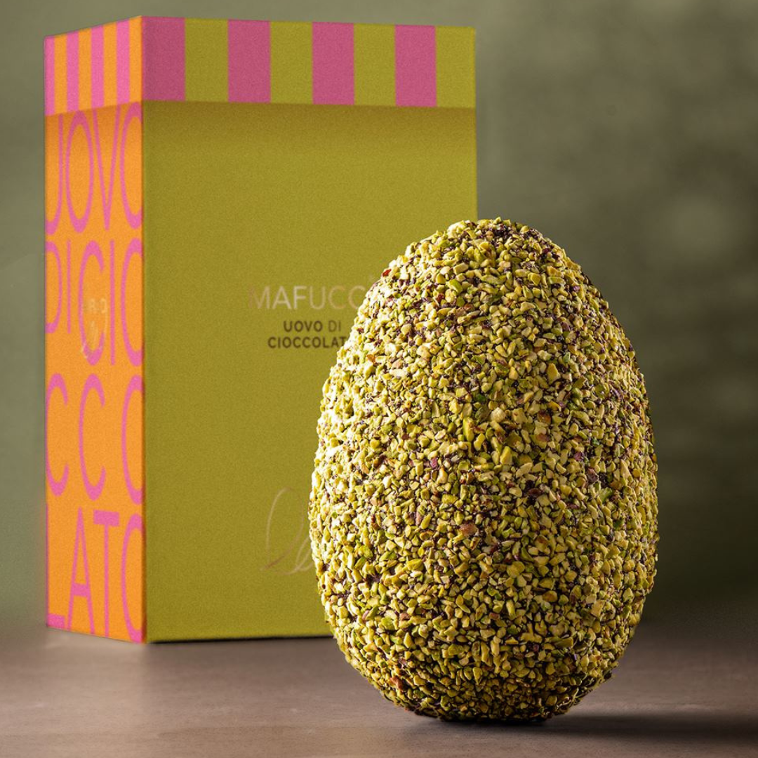 Uovo di Cioccolato Fondente con copertura di granella di pistacchio in astuccio “Mafucci” 350g