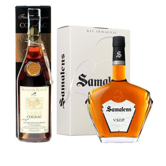 Weihnachtskorb-Spirituosen „Mr. und Mrs. Smith – Cognac und Armagnac“.