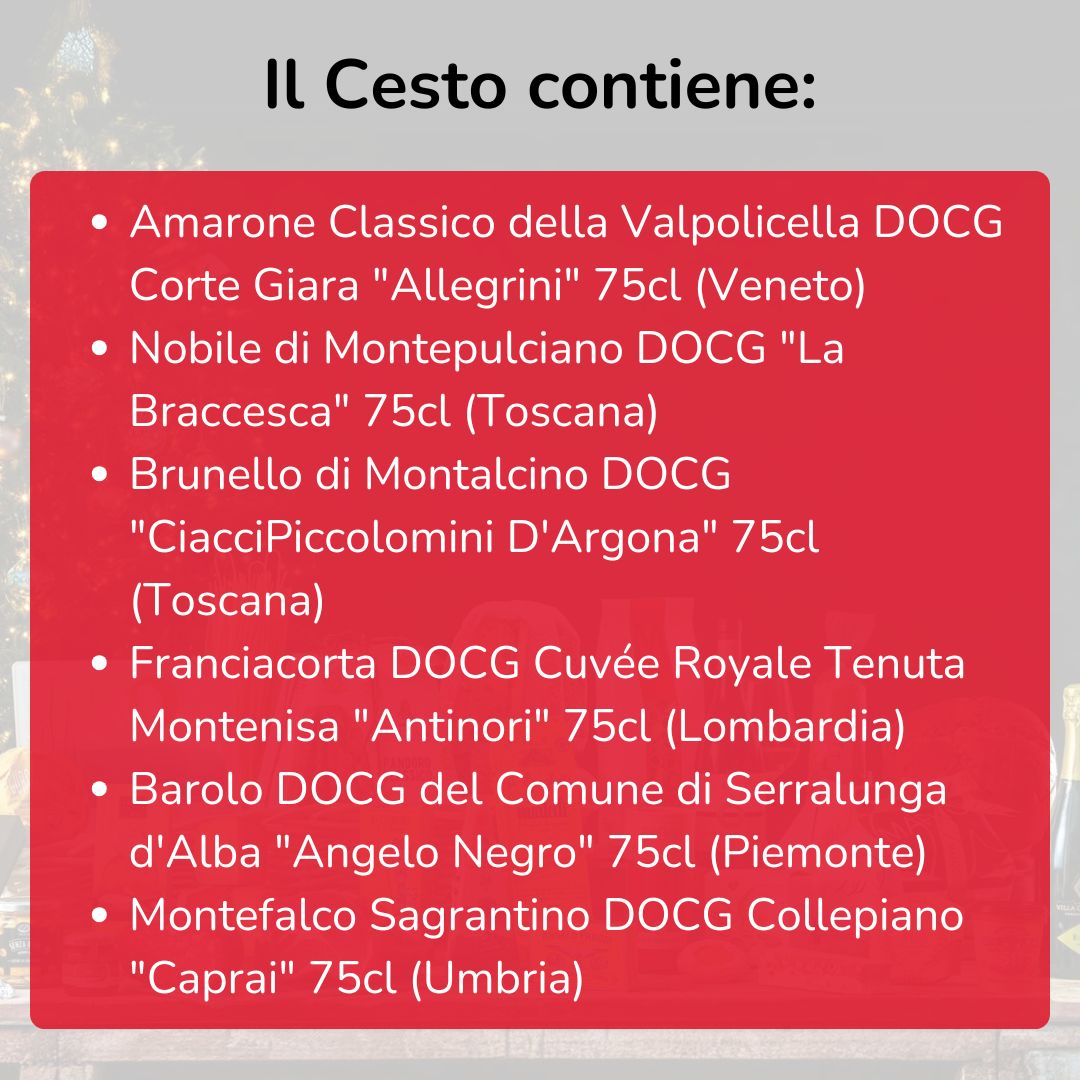 Cesto di Natale Vini "Luci della Ribalta" - 6 bottiglie rossi e bollicina