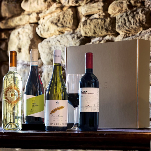 Weihnachtskorb mit „Cantina“-Weinen – 4 Bio-Weiß-, Rotwein- und Passito-Flaschen