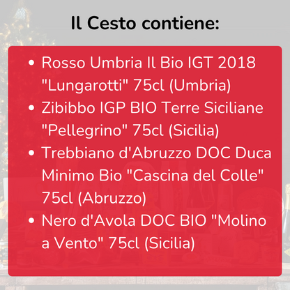 Cesto di Natale Vini "Cantina" - 4 bottiglie bianco, rossi e passito BIO