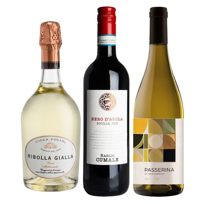 Cesto di Natale vini "Bagliore" - 3 bottiglie bianco, rosso e spumante