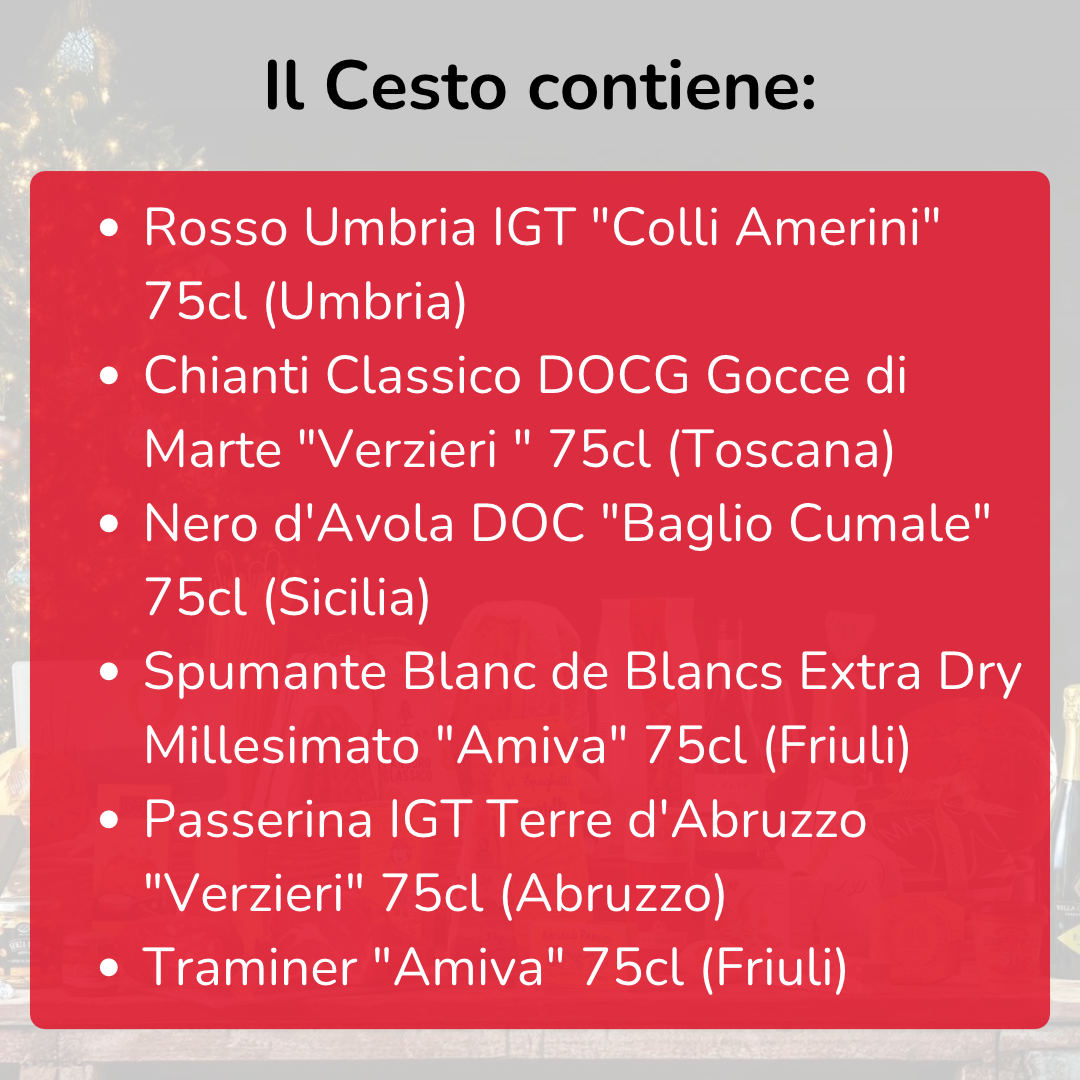 Cesto di Natale vini "Chiostro" - 6 bottiglie rossi, bianchi e bollicina