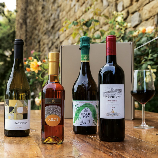 Weihnachtskorb mit „Giardino“-Weinen – 4 Flaschen: Prosecco, Passerina IGT, Primitivo und Likörwein