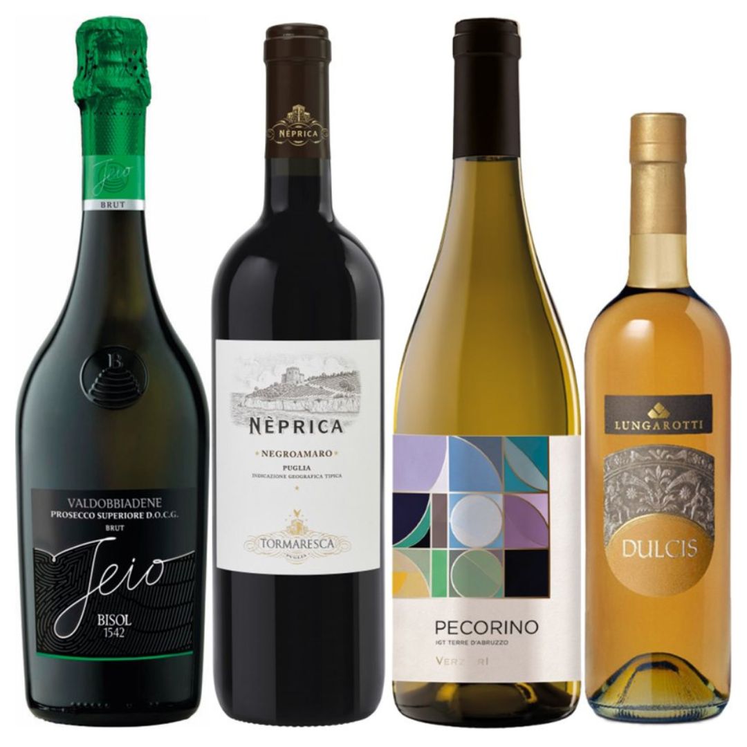 "Puntale" Wine Christmas Basket - 4 bottles of Prosecco, Pecorino IGT, Negroamaro and fortified wine