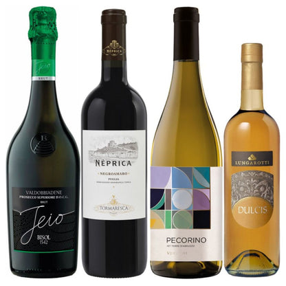 "Puntale" Wine Christmas Basket - 4 bottles of Prosecco, Pecorino IGT, Negroamaro and fortified wine