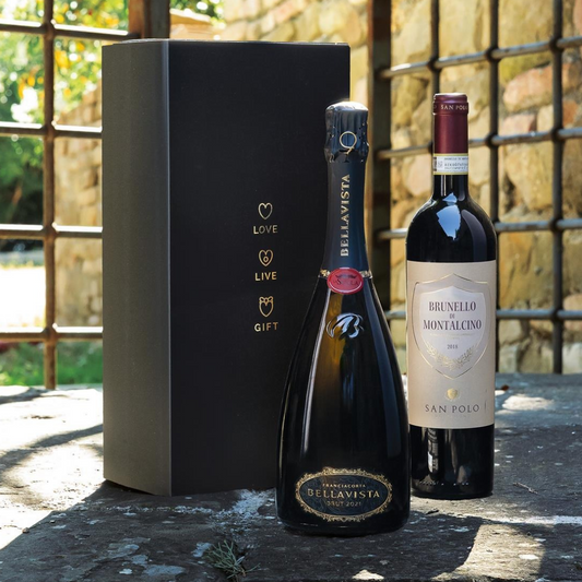 Weihnachtskorb mit „Sovrano“-Weinen – Brunello di Montalcino DOC BIO und Franciacorta Millesimato DOCG Brut