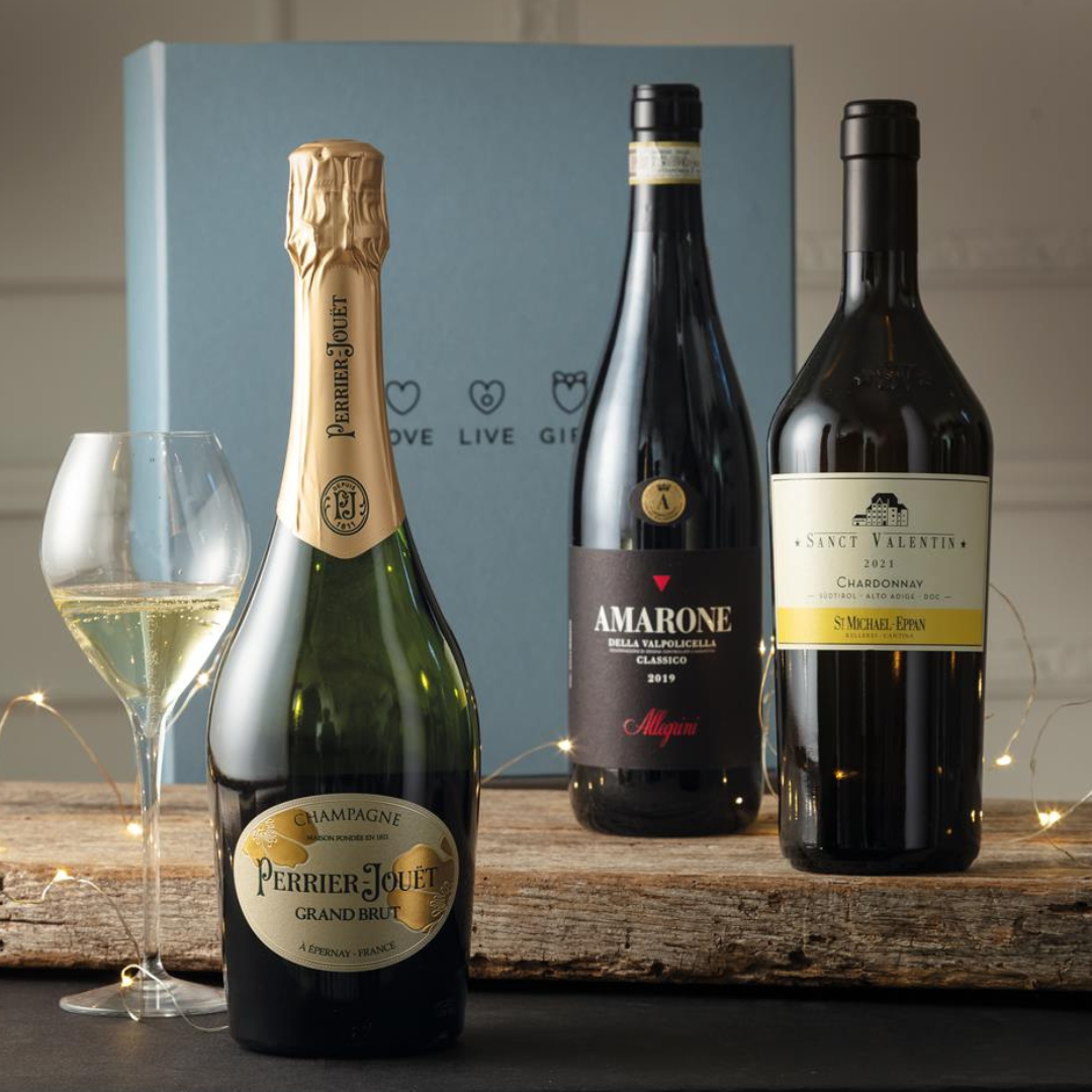 Weihnachtsweinkorb „Polar Express“ – 3 Flaschen Amarone, Chardonnay und Champagner