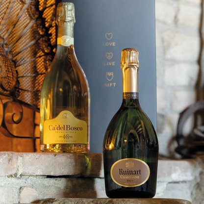 Cesto di Natale vini "Focolare" - Champagne "R" de Ruinart e Franciacorta Cuvée Prestig Edizione 48 DOCG "Cà del Bosco"