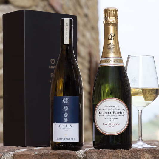 Weihnachtskorb mit „Porticato“-Weinen – Champagne Brut La Cuvée „Laurent Perrier“ und Chardonnay IGT Bio Gaun „Alois Lageder“