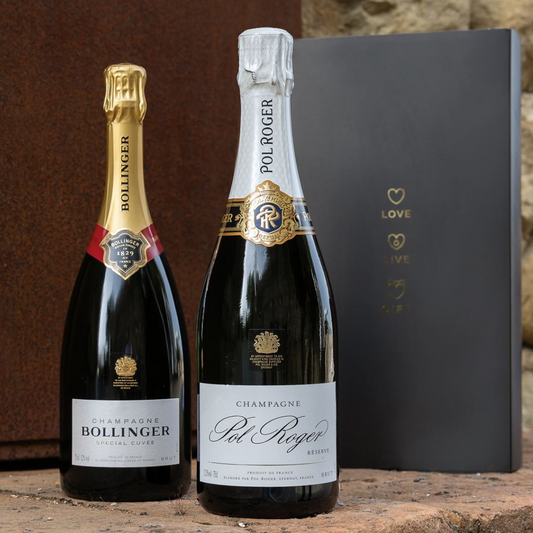 Weihnachtskorb mit „Ducato“-Weinen – Champagne Special Cuvée „Bollinger“ und Champagne Réserve Brut „Pol Roger“