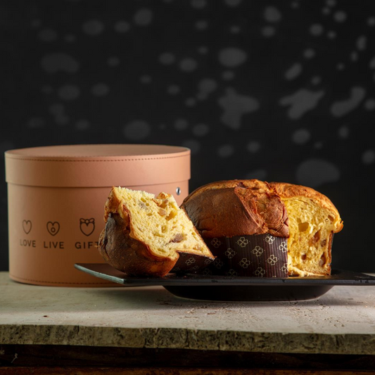 Artisan Panettone 72 hours of processing with Apricot Pellecchiella del Vesuvio “Satri” 1kg in Orange Ocher hat bowl