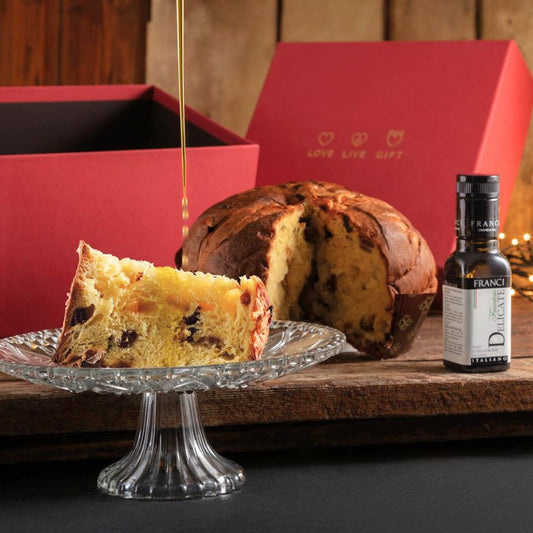 Panettone Artigianale con Olio E.V.O. "Satri" 750g + Olio E.V.O. Italiano "Frantoio Franci" 100ml in Cofanetto
