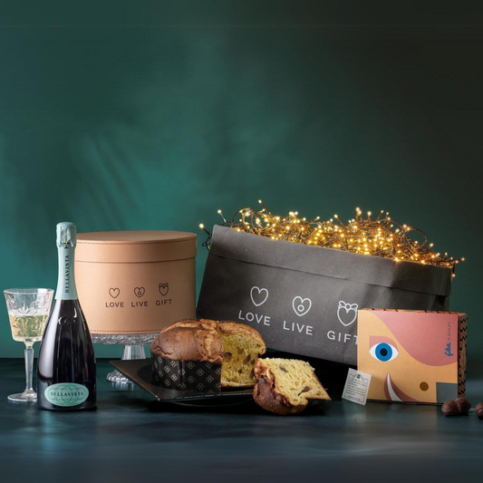 Cesto di Natale "Tiffany" - Bellavista, Panettone Artigianale, Praline e Piatto in ceramica