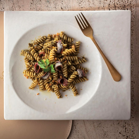"Cima d'Oro" Christmas basket - Fusilli with turnip tops, anchovy sauce and crunchy crumbs - Recipe box