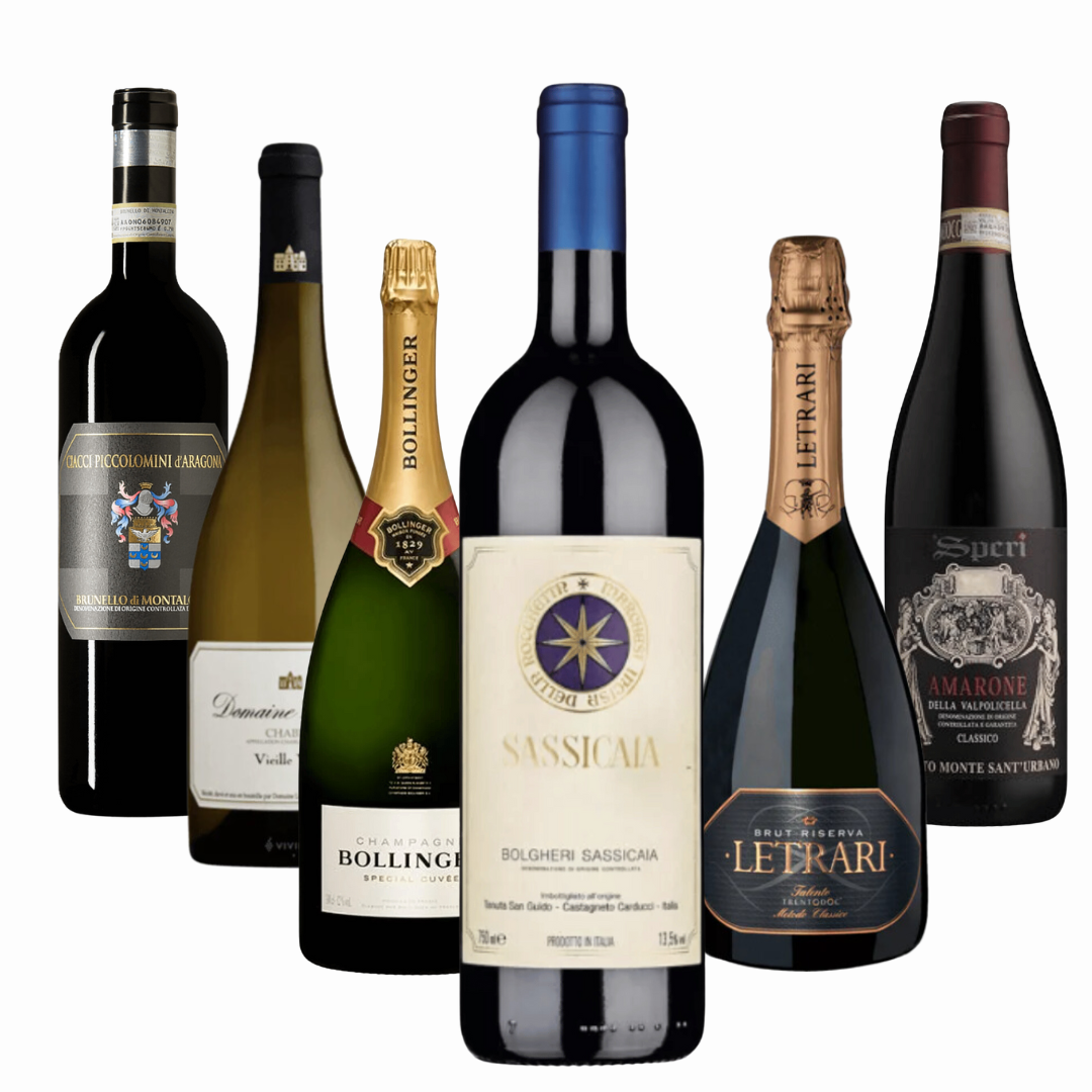 Weinbox „Sassicaia 2021 und Co.“ - 18 Flaschen - Sassicaia, Champagne Bollinger, Amarone Speri, Chablis LaRoche, Brunello Ciacci, Trento DOC Letrari