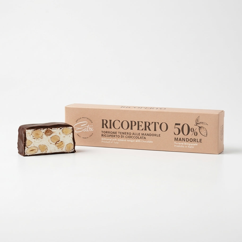 Nougat umhüllt von handgemachter weicher „Satri“-Schokolade mit 50 % Mandeln, 100 g