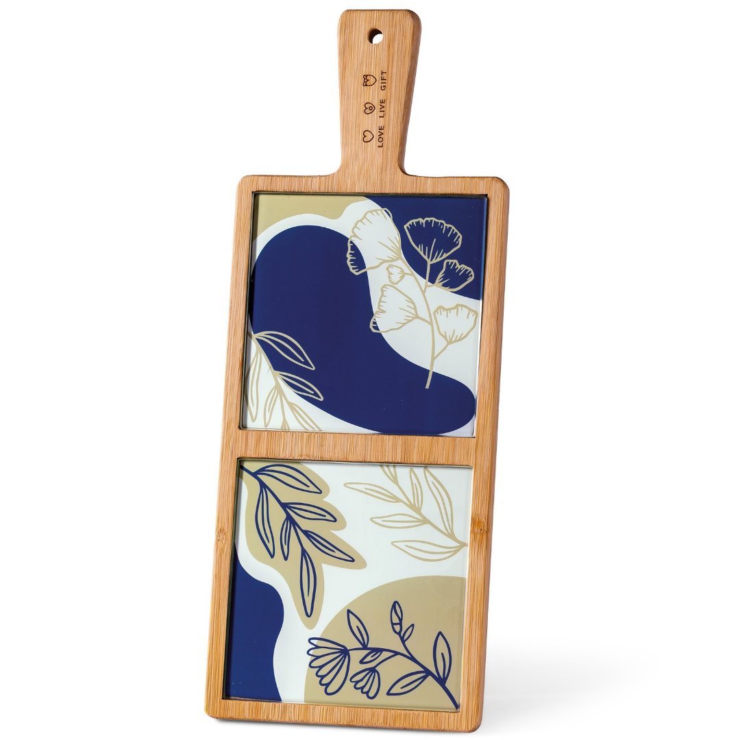 Tagliere in Bamboo e Vetro Blu e Bianco cm 35,5x13,8x1 "Love Live Gift"