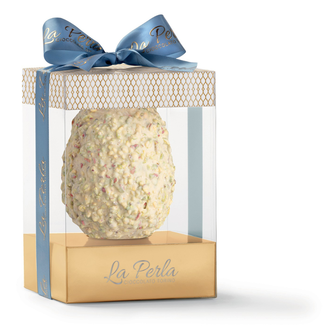 Uovo di Cioccolato Bianco con copertura “Rocher” al pistacchio, lampone e meringa "La Perla" 220g