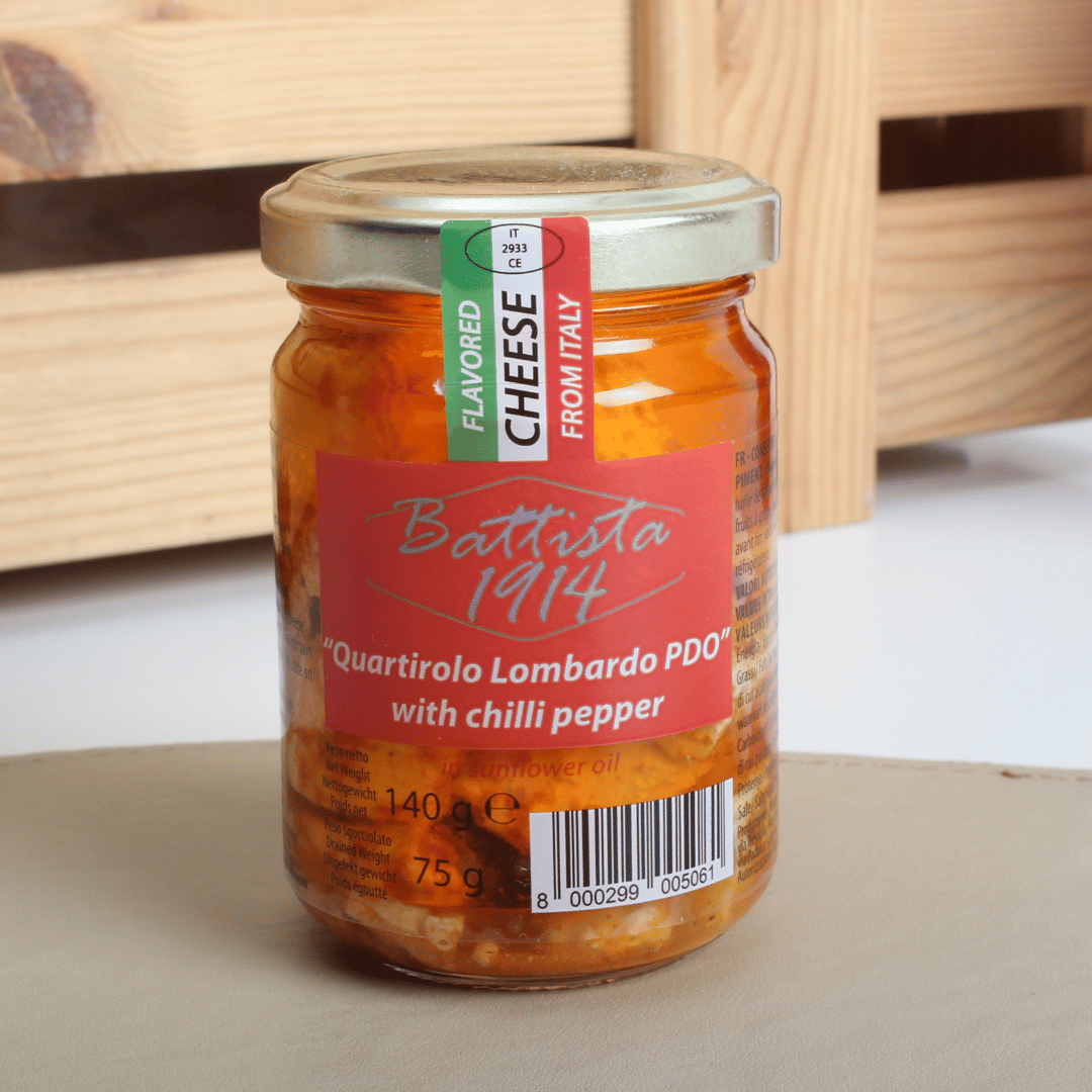 Quartirolo Lombardo DOP in Öl mit Arrigoni-Chilischoten 140g