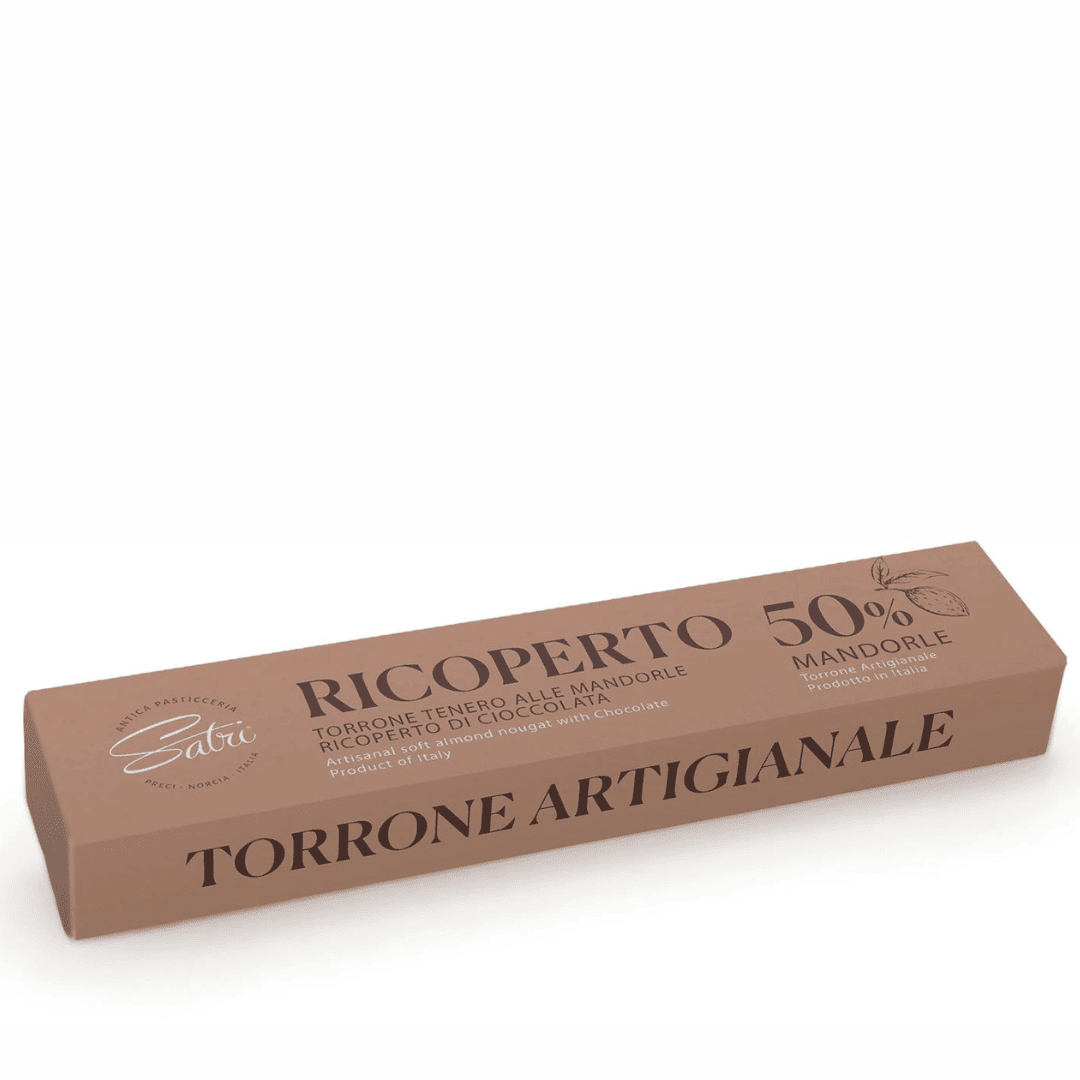 Torrone ricoperto al Cioccolato tenero artigianale "Satri" con 50% di Mandorle 100g