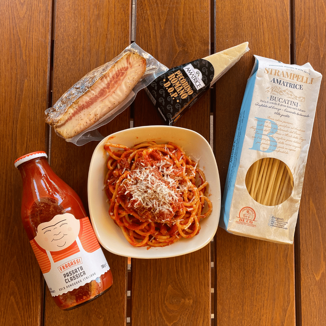 Box Ricetta Bucatini all' Amatriciana - Bucatini di Amatrice, Pecorino Romano DOP, Guanciale di Norcia, Passata di Pomodoro - max 5 porzioni