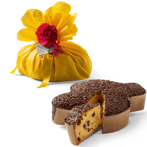 Blaubeeren und Zitrusfrucht-Colomba, überzogen mit handwerklich hergestellter Zartbitterschokolade „Mafucci“, gelber Verpackung und Blumendekoration