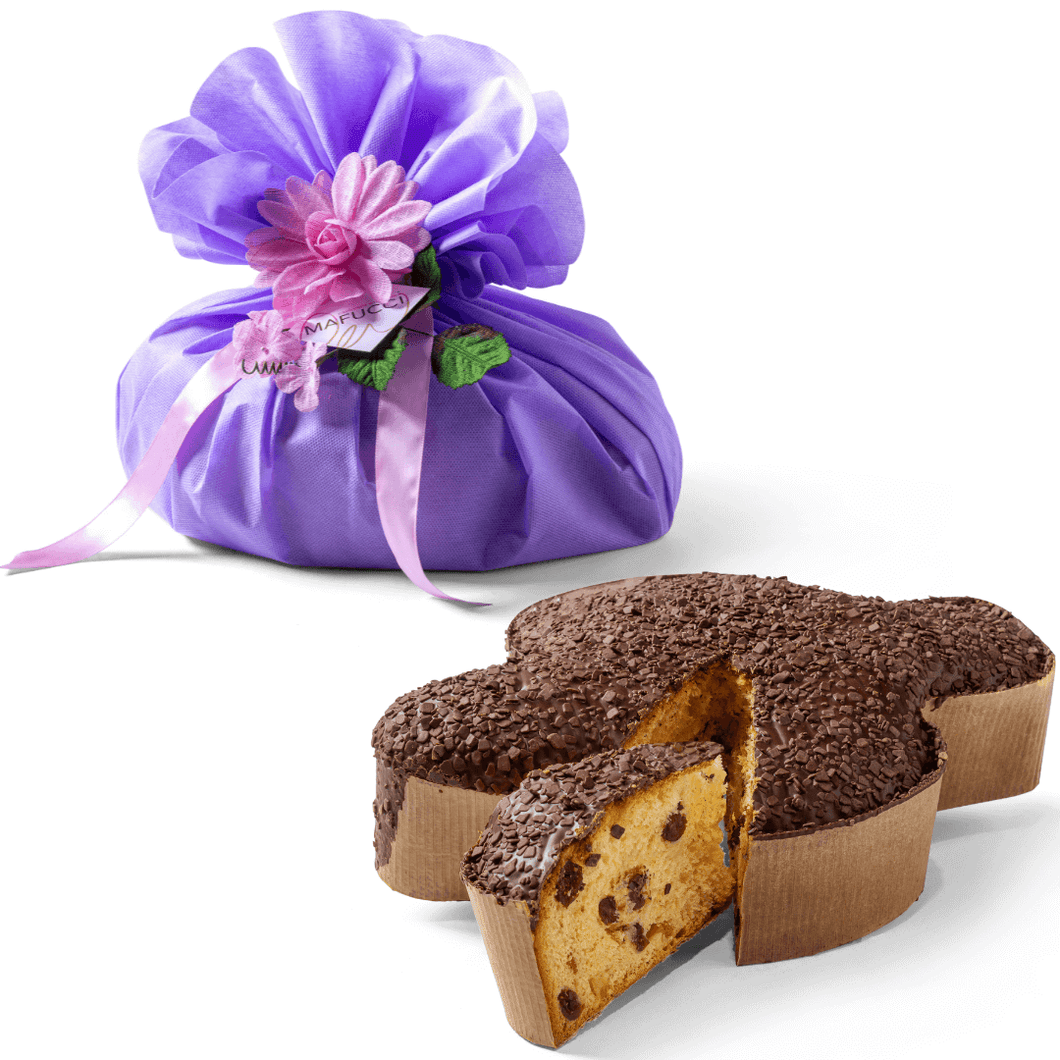 Colomba-Blaubeeren und Zitrusfrüchte, überzogen mit „Mafucci“-Verpackung und floraler Dekoration in handwerklicher Zartbitterschokoladen-Flieder-Verpackung