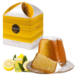 Pandoro"Mafucci"with Lemon Cream and White Chocolate flakes in yellow"Corolla"box artisan recipe