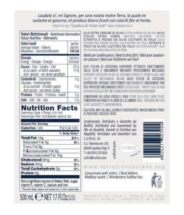 Olio E.V.O. in Orcio "Sorella Luna" 100% Italiano Terre Francescane